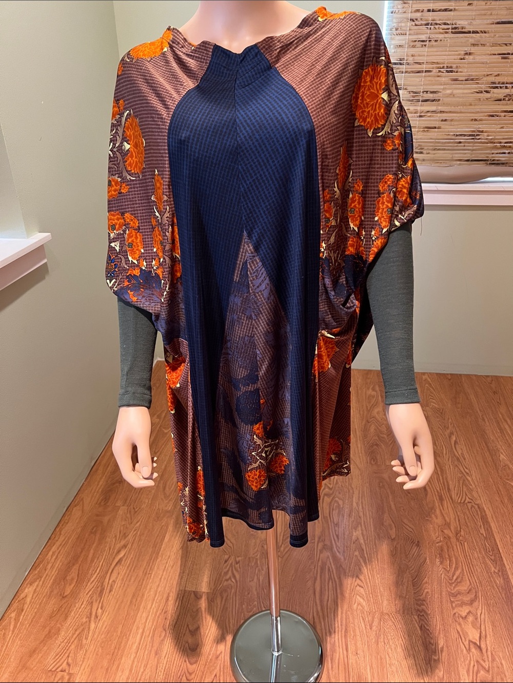 Flowy Silk Tunic with Burnt Orange Floral Print Size M